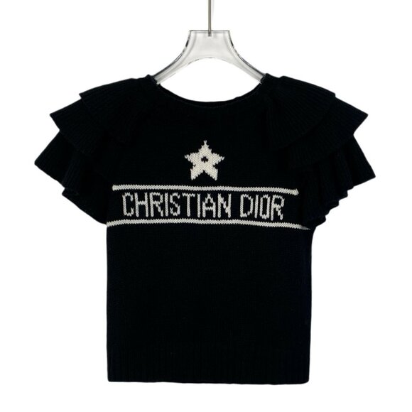Christian Dior Black Cashmere Ruffled Short Sleeve Sweater With Logo Jacquard Si - Picture 1 of 8
